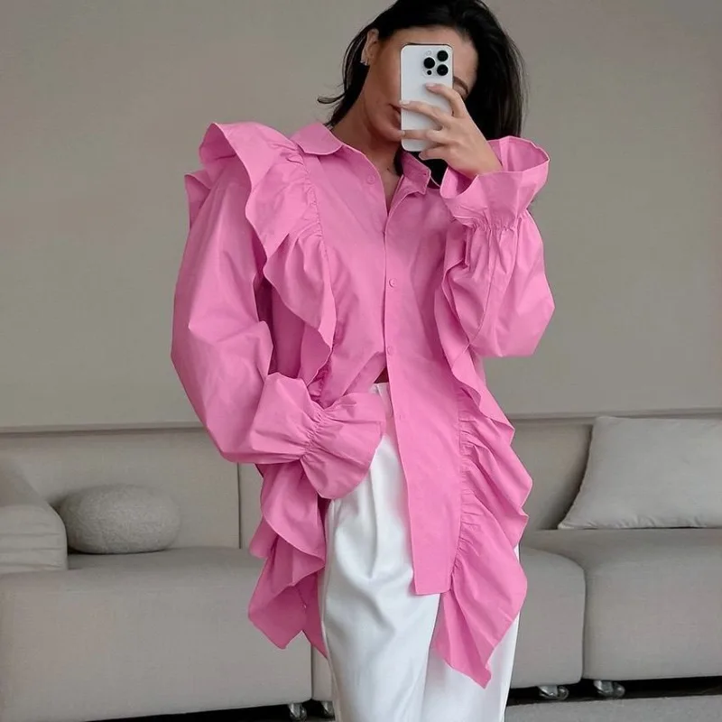 

New Winter Long-sleeved Shirt Wooden Ear Edge Simple Commuting Cross-border Top Loose and Versatile Women's Clothing