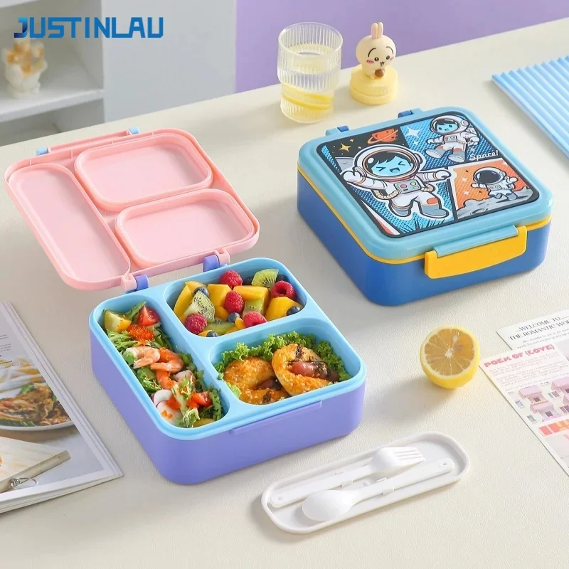 JUSTINLAU 3 Grid Lunch Box Cartoon Building Blocks/Anime Bento Box for Children Fruits Salad Snacks Container with Fork＆Spoon