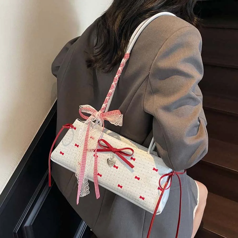 

All-match Sweet French Stick Handbag Contrast Color Lace Ribbon Bow PU Shoulder Bag Large Capacity Texture Underarm Bags School