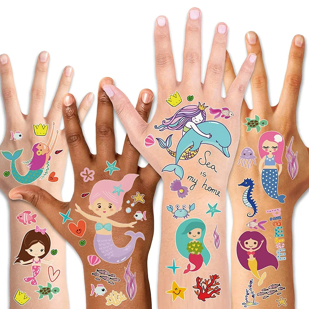 10Pcs Mermaid Temporary Tattoos Stickers Kids Girls Birthday Party Decoration Favor Ocean Animal Fake Tattoo Pinata Fillers Gift