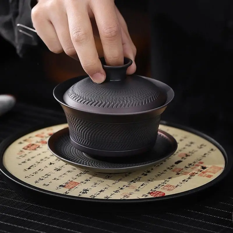 2026New Purple Clay Gaiwan Single Tea Bowl Handmade Carved High Value Gongfu Tea Set Tray Business Gift Office Hotel Anniversary