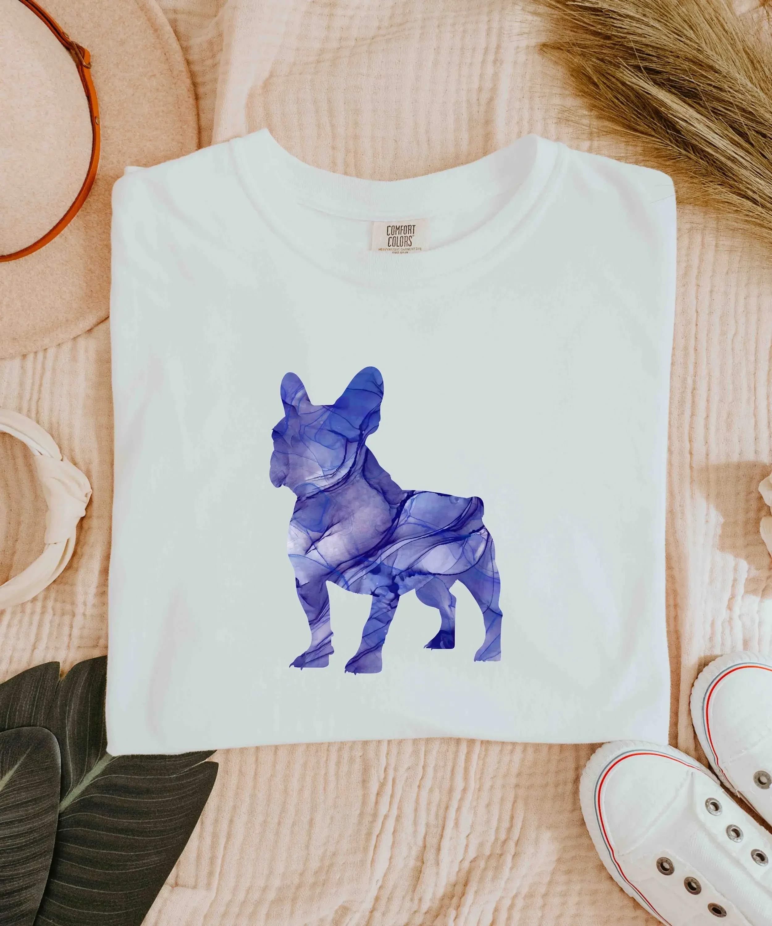 Royal Blue Navy Frenchie French Bulldog Silhouette Alcohol Ink Marble Multicolor Heavy Weight Comfort Colors T Shirt