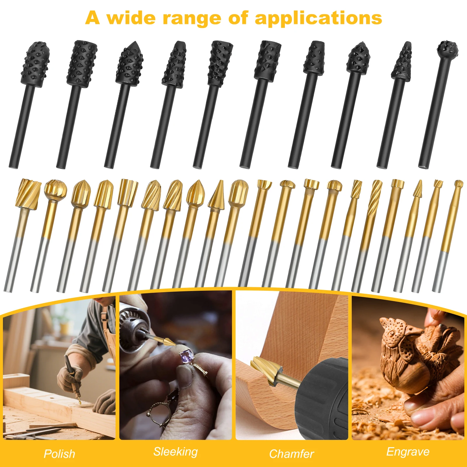 30Pcs HSS Router Carbide Engraving Bits Rotary Wood Carving Cutter Set for DIY Woodworking, Carving, Sculpting, Engraving, Drill