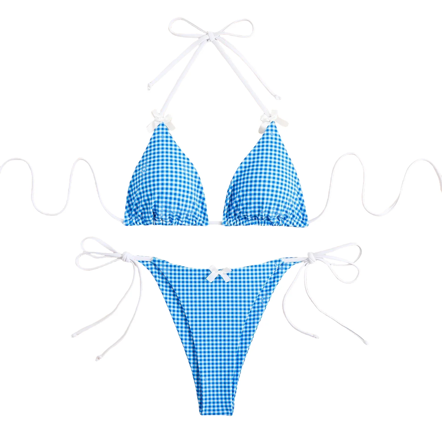 

Sexy Blue Plaid Bikini Halter Tie Side Women Swimwear 2025 Hot Sale Summer Sweet Print Beachwear Two Piece Swimsuits Bikini Set