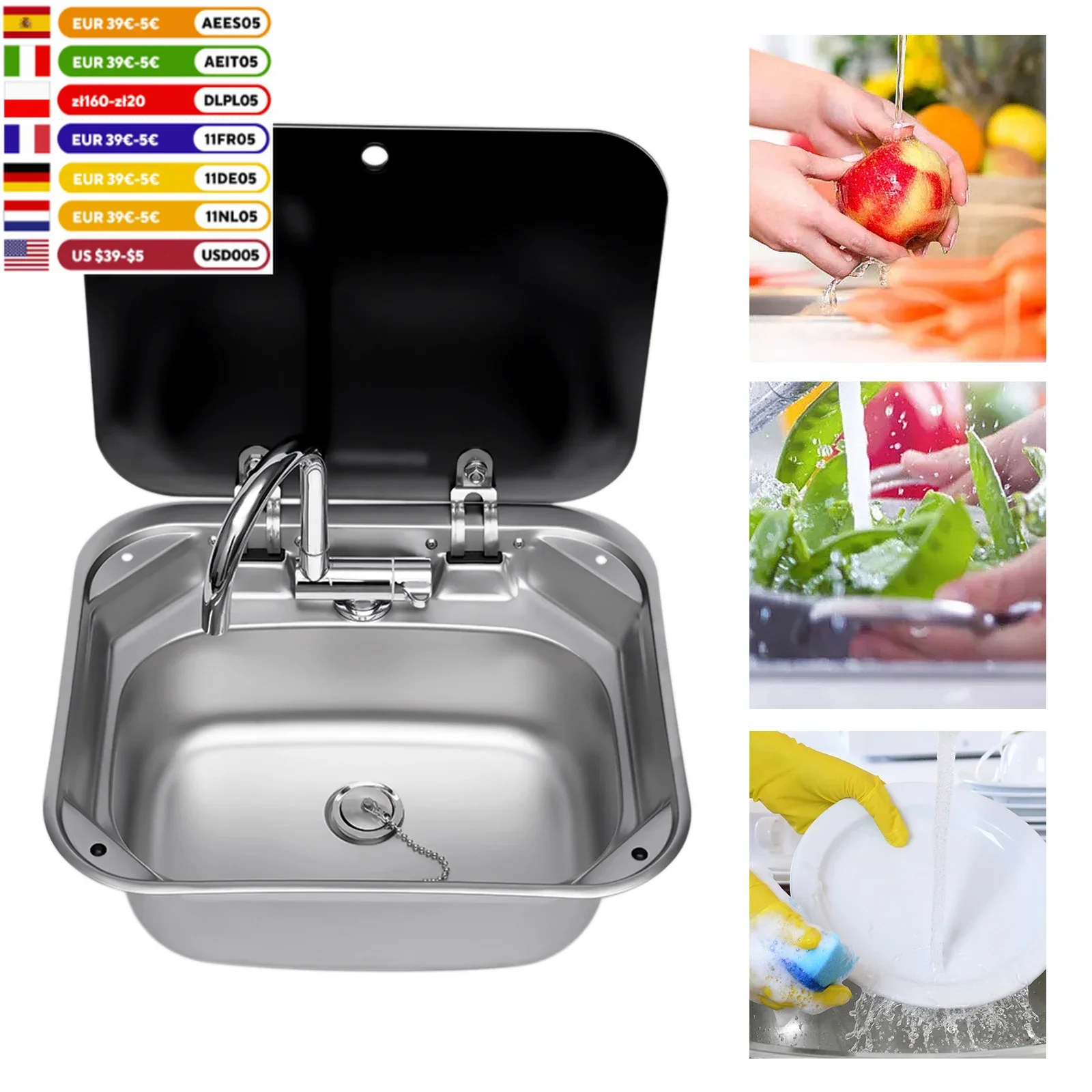 Complete RV Caravan Camper Boat Stainless Steel Hand Wash Basin Kitchen Sink Kit With Flip-top Lid & Retractable Faucet