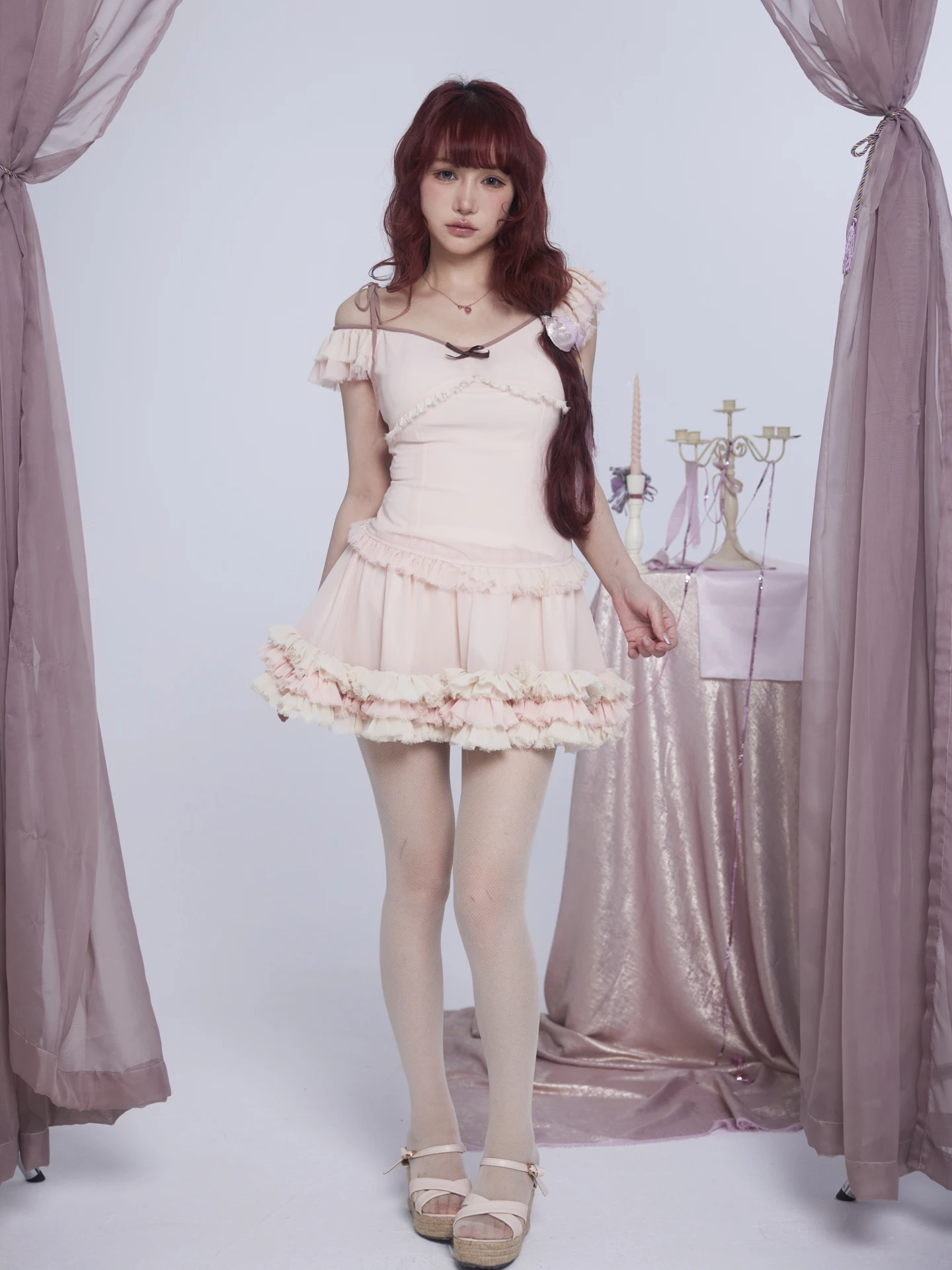 

Pink Fairycore awlette Svel Top And Skirt Set with Knot Sweet Sle ort Length Polyester Summer Outfit