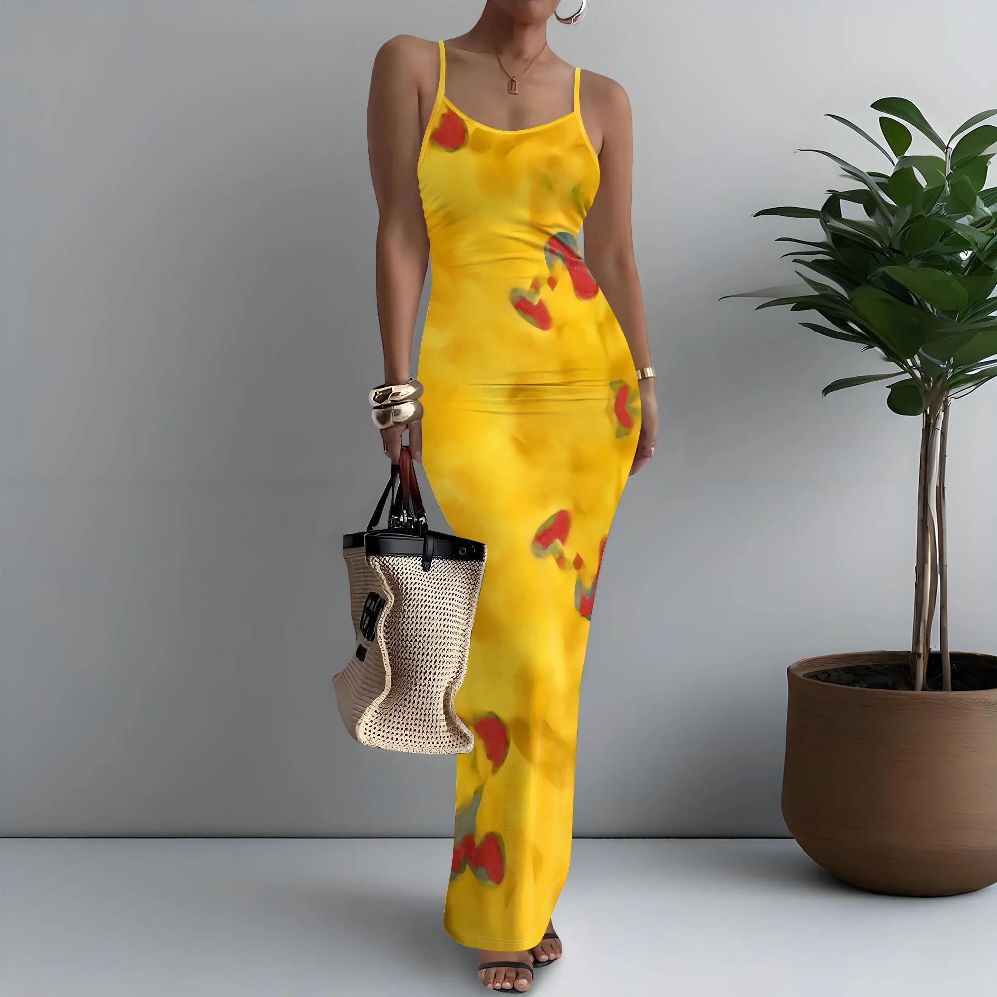 

Summer Yellow Floral Print Dress, Sexy Slim Fit Design for Beach Vacation & Parties, XS-3XL Sizes