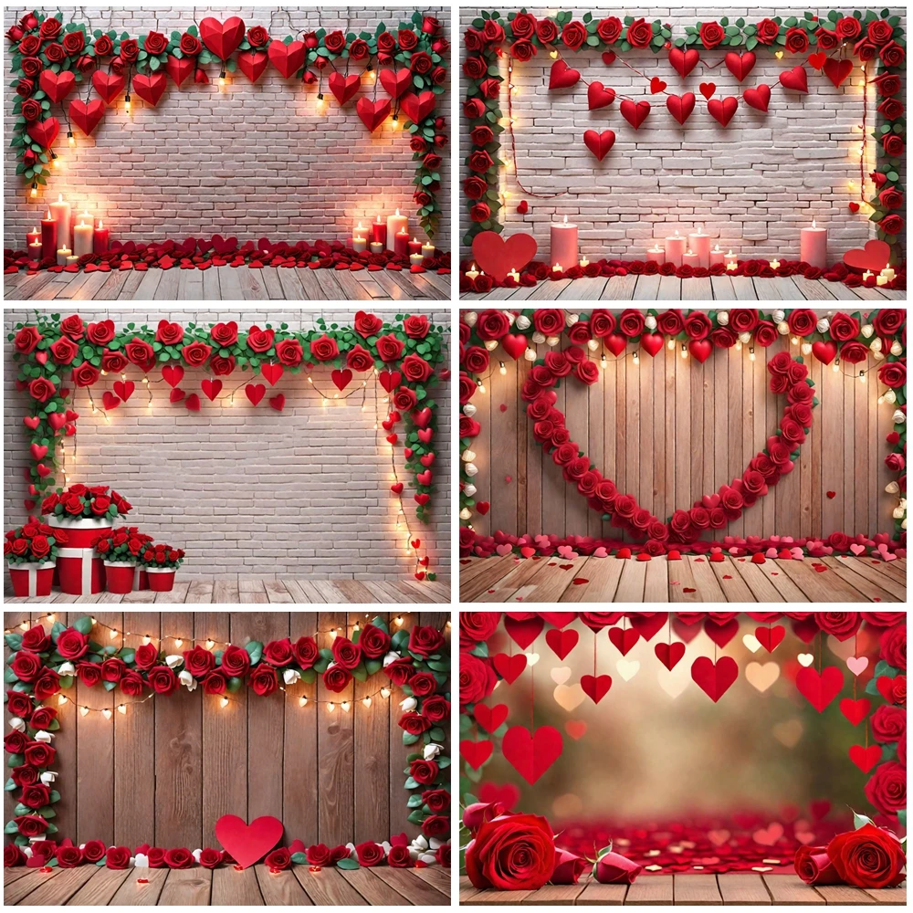 MOON.QG خلفية عيد الحب الدافئة الأحمر القلب ارتفع أكاليل مصابيح أرضية خلفيات للصور النساء التصوير ملصق