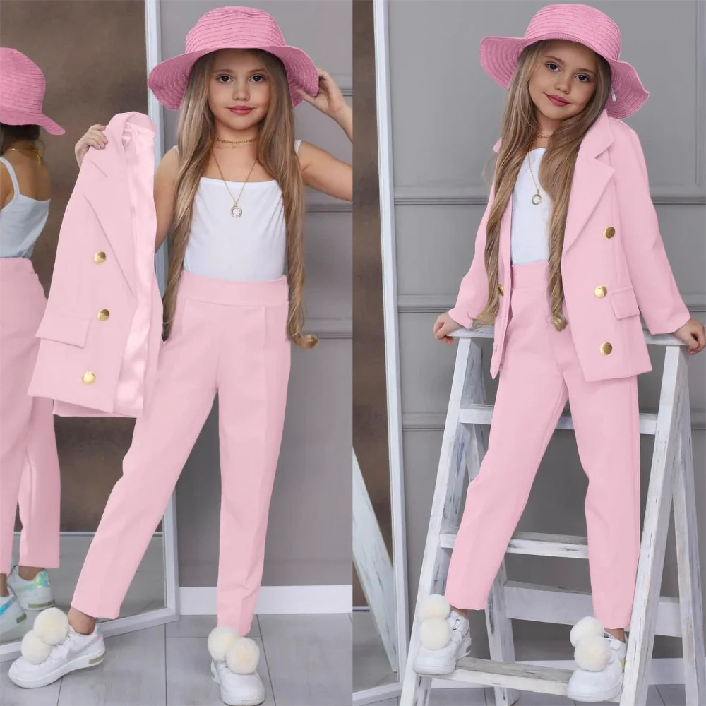 Elegant Solid Suit for Girls Fashion Notch Lapel Double Breasted Child Sets Casual Formal Party Wedding Girls Suit 2 Piece