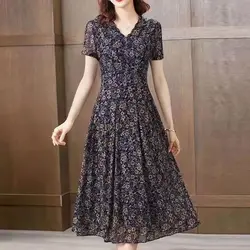 Waist Gauze Vintage Fragmented Floral Print Seven Points/Long Sleeve Dress Elegant Women's Clothing V-Neck Ruffles A-line Skirt