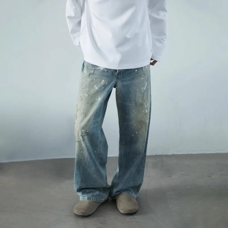 Men Splash Ink Distressed Wide Leg Jeans Vintage Washed Light Blue Loose Straight Denim Pants Streetwear Casual Long Trousers