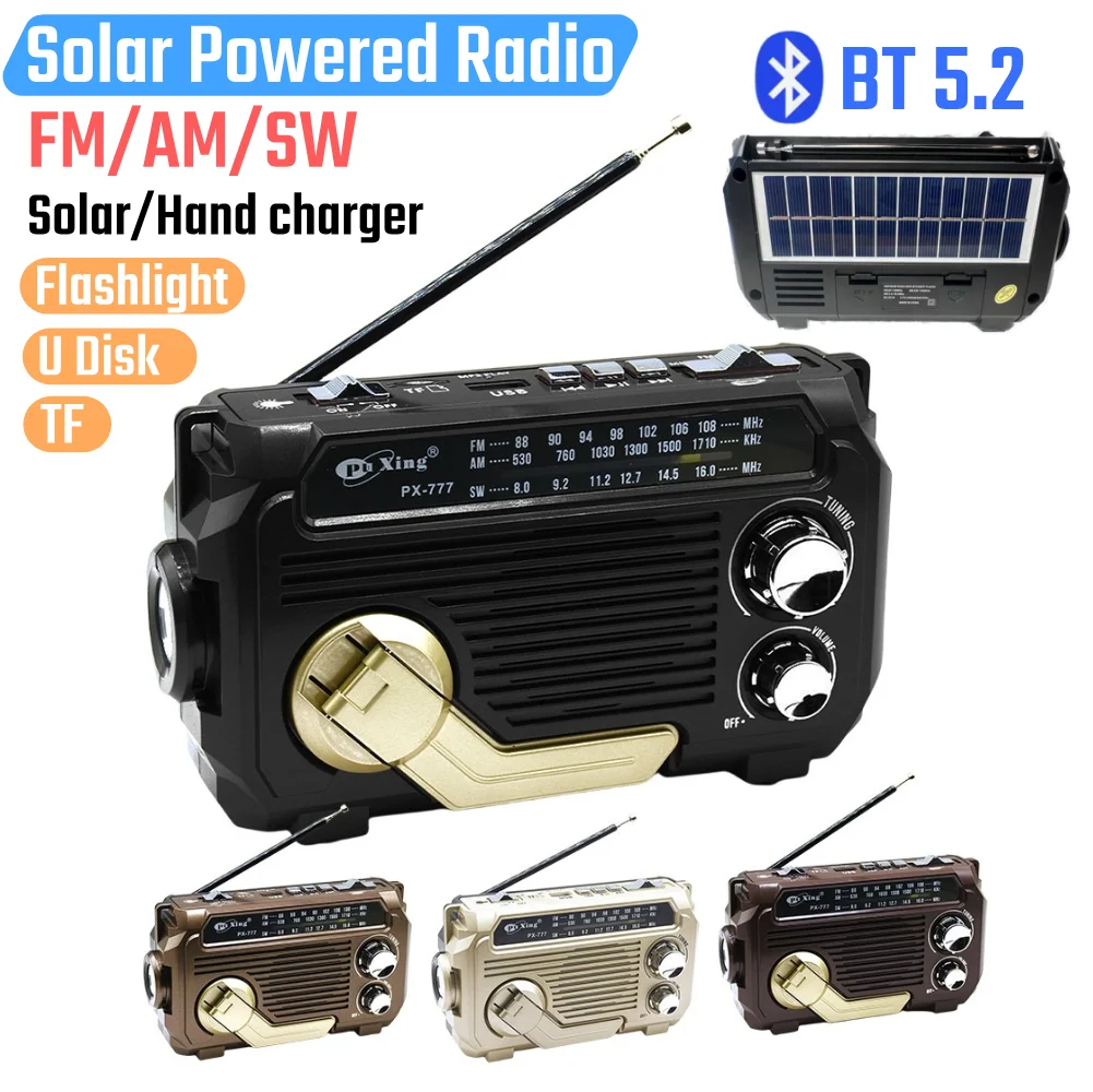 

Hand Crank Emergency Radio Support U Disk TF Solar Powered Radio BT 5.2 Speaker Flashlight Portable Weather Radio for Camping