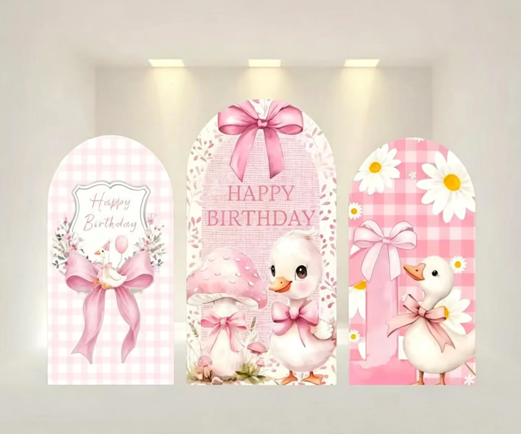 Custom 2-Side Goose Baby Shower Arch Backdrop Cover Pink Checkered Bow Flower Diy Name Age Birthday Party Decor Backdrop Photo
