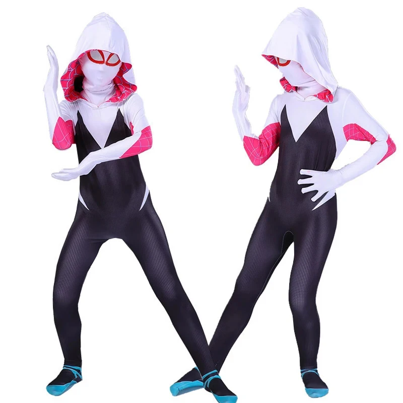 Anime Into The Spider Verse Gwen Stacy Costume Girls Superhero Spider Gwen Jumpsuit Cape Halloween Costumes