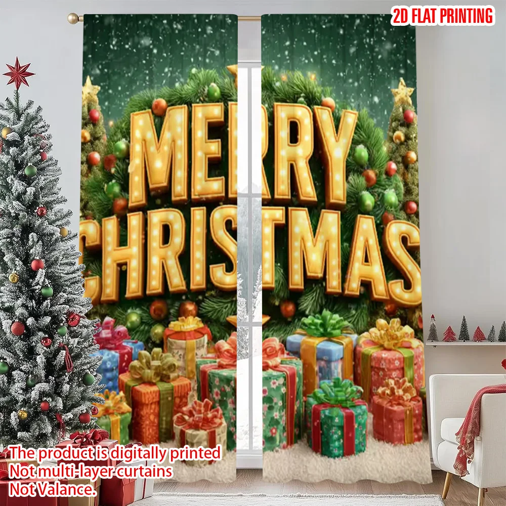 

2pcs 2D flat printing Christmas Window Drapes Merry Christmas Versatile Durable Polyester Without Electricity Festive Holiday