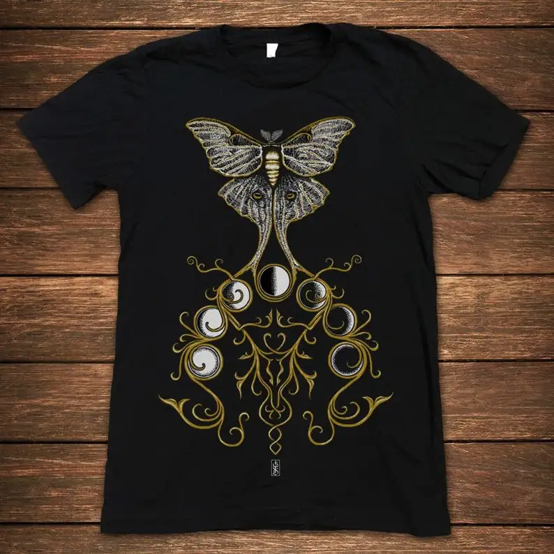 Luna Moth graphic tee, Gold entwined Moon phases, Lunar Victorian style design mens unisex Bella+Canvas black cotton T shirt