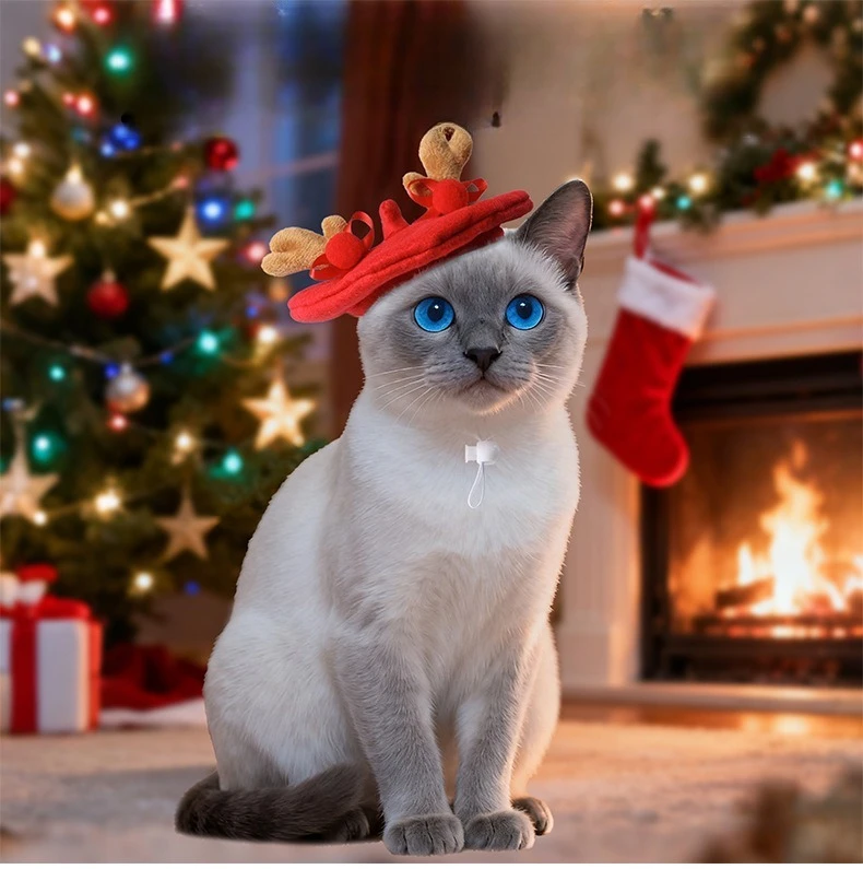 

Cute Reindeer Antlers Pet Beret Hat for Cats & Dogs - Adjustable Elastic Non - Irritating Fabric Christmas Pet Headwear