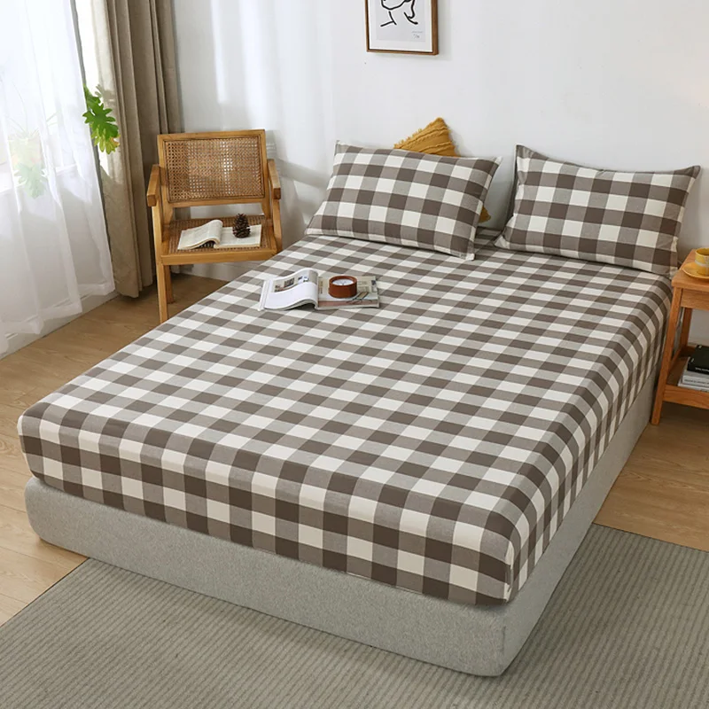 High Quality 100% Cotton Mattress Protection Cover,Adjustable Fitted Sheet 160x200,No Pillowcase,Plaid Style