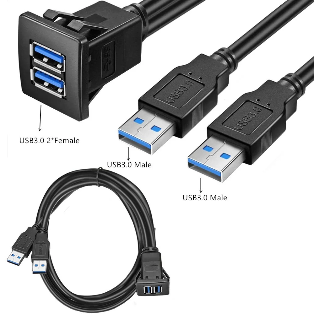 Dual Port USB Socket Cabe USB3.0 Usb2.0 Auto Car Flush Mount Extension Cord Dashboard Panel Square USB Cable for Motorcycle