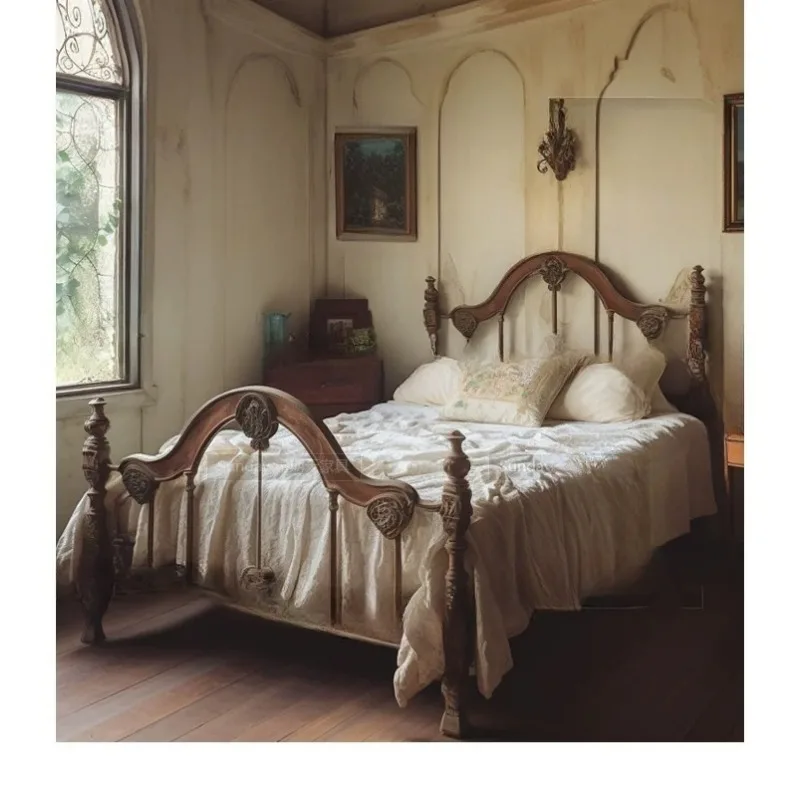 Neoclassical carved princess bed French light luxury retro double bed rustic solid wood bed