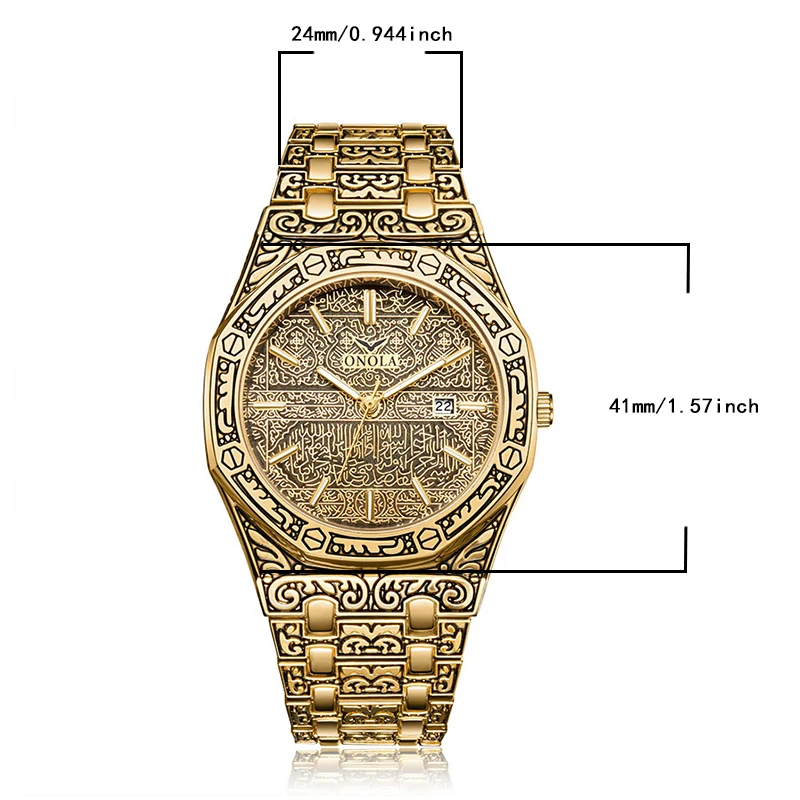 Fashion retro carved watch ONOLA octagonal silver case totem carved steel bracelet mesh dial date function luxury business quart