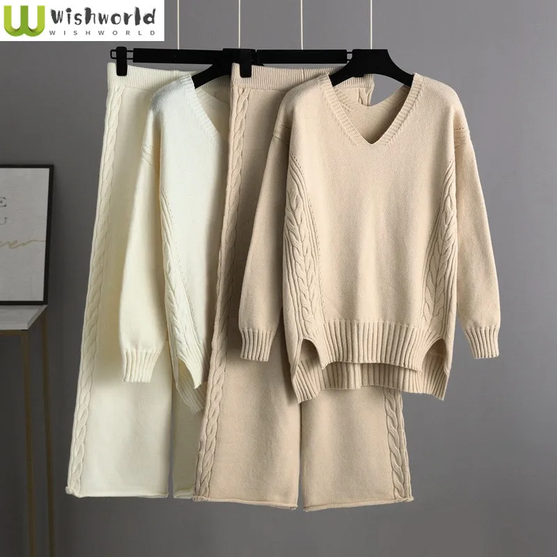 Korean Popular V-neck Fried Dough Twist Knitting Sweater Pullover Loose Casual Wide Leg Trousers Two-piece Elegant Women's Pants