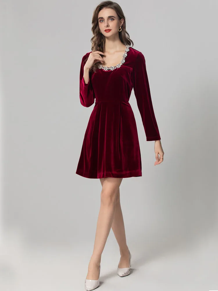 

Autumn Winter Women Velvet Dress Big O-Neck with Rhinestone Beading Solid Colour Above Knee Vestidos Elegant Lady