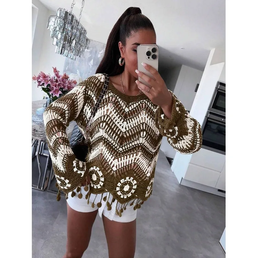 

Ebay New Heavyweight Knitted Tassel Hollow out Sunade Cover up Top Color Blo Stripes Asymmetrical Length Long Sve