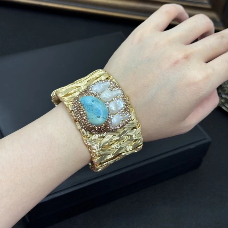

Women Trendy Irregular Bangle Baroque Pearl Turquoise with Shiny Czech Crystal Inlay Bohemian Daily Wear Bracelet