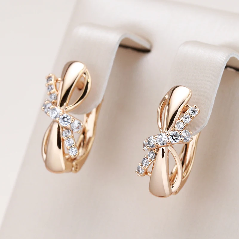 Kinel Hot 585 Rose Gold Color Earrings For Women Girl Fashion Bowknot Natural Zircon Accessories High Quality Daily Jewelry