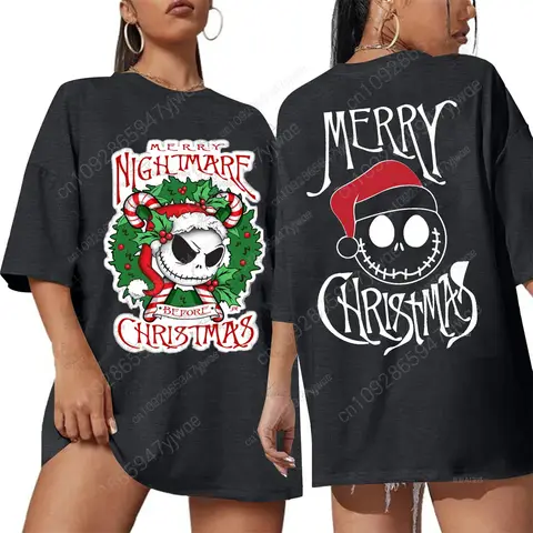 Jack Skellington Weihnachtsfeier, zweiseitig bedrucktes Kurzarm-T-Shirt, lockeres und bequemes Damen-T-Shirt aus hochwertiger Baumwolle
