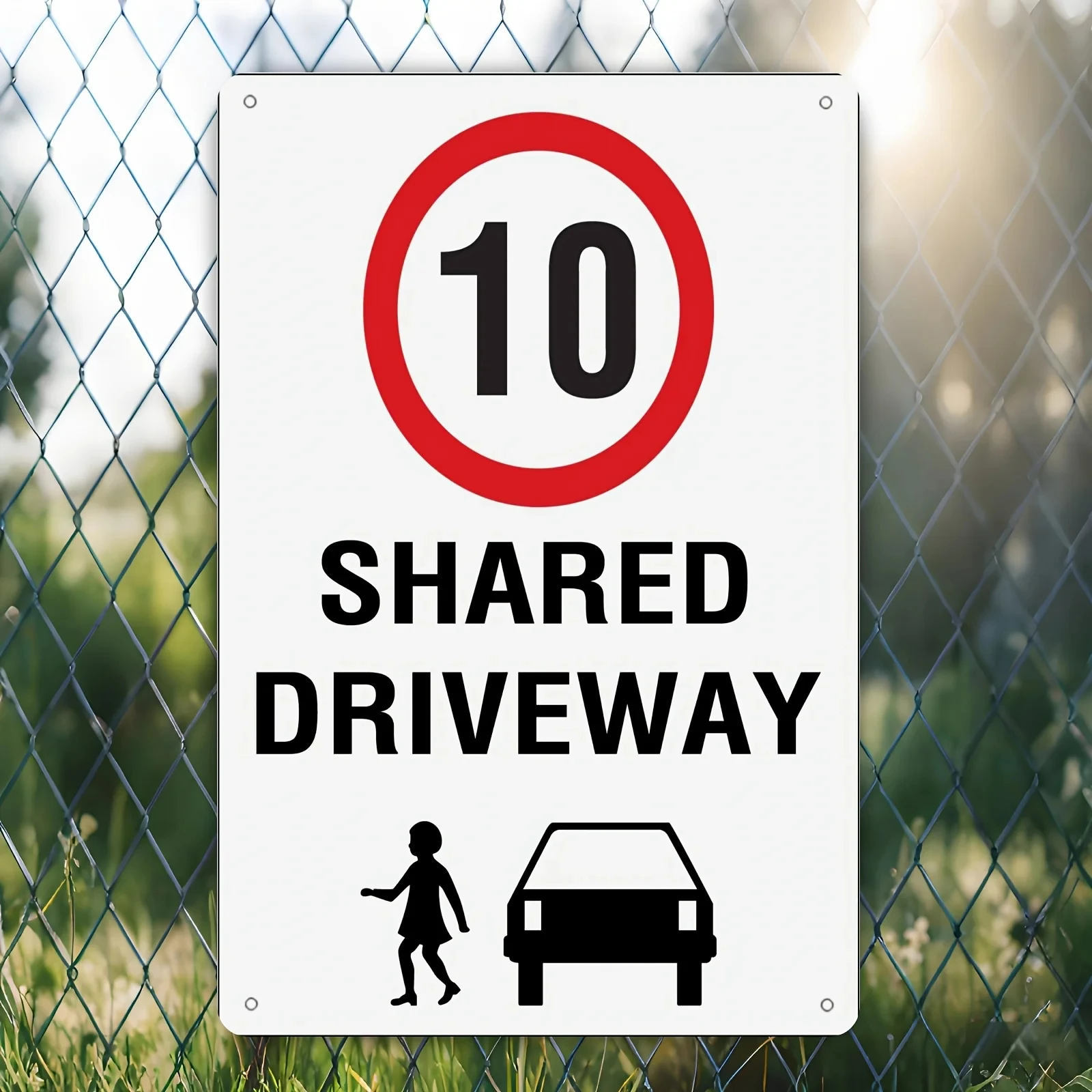 2D Flat - 1 Piece Shared Lane 10Km Speed Limit Metal Sign - Durable Iron Material, 8x12inch , Red and White Round Icon