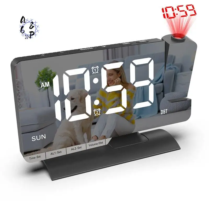A68P-Projection Digital Clock,Alarm Clock Bedside,7.3'' LED Mirror With Date Display,Dual Alarm,DST,Snooze Function