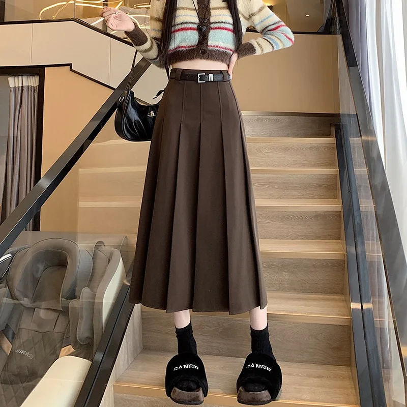 Women Autumn Winter Woolen Pleated Midi Skirt High Waist A Line Slim Versatile Casual Skirt