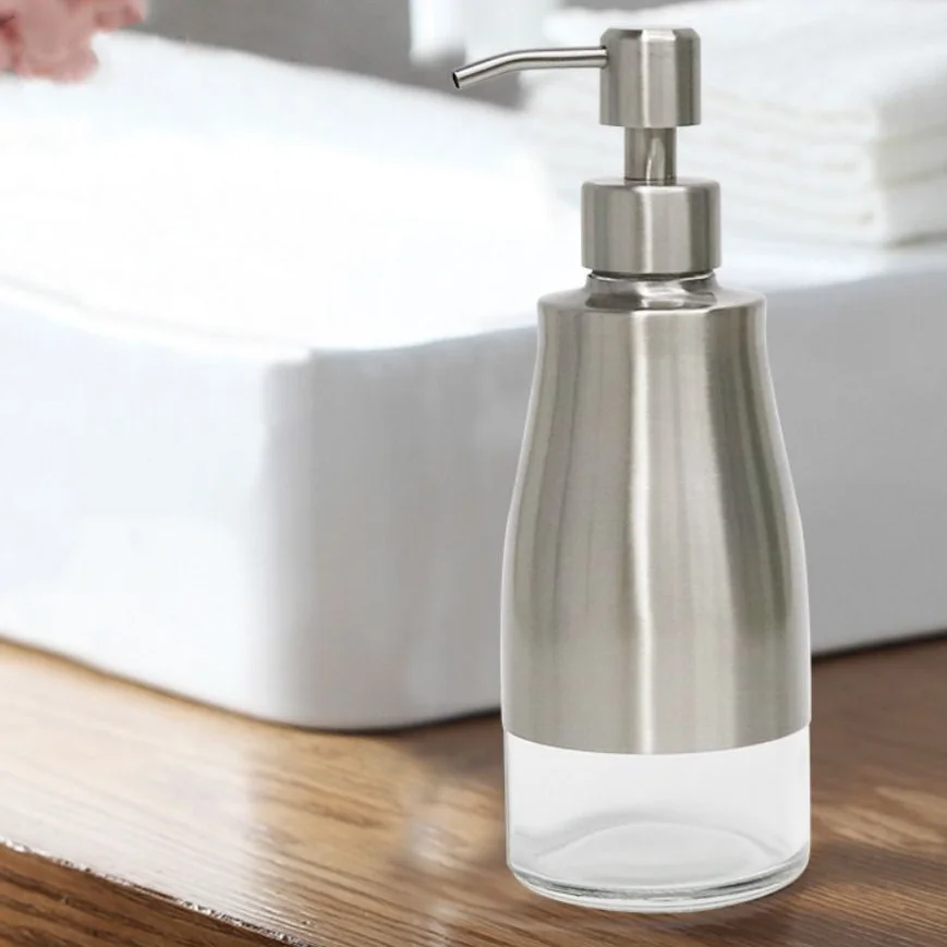 

304 Stainless Steel Soap Dispenser Glass Bottom Refillable Liquid Hand Lotion Bottle Silver Metal Pump Hand Pump Dispenser