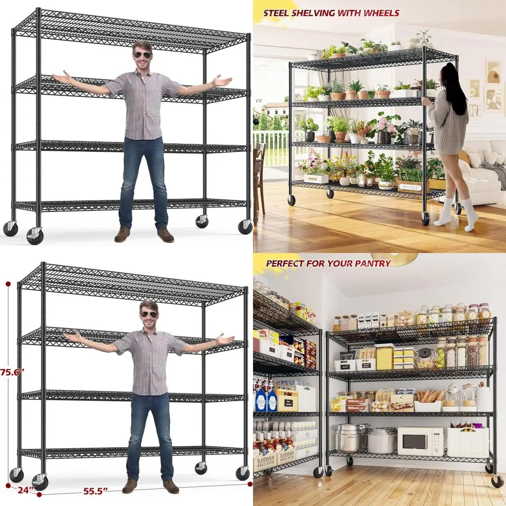 Unidade de prateleira de fio de metal resistente com rodas, capacidade de 75,6H x 2500lbs, rack de armazenamento de garagem para itens pesados