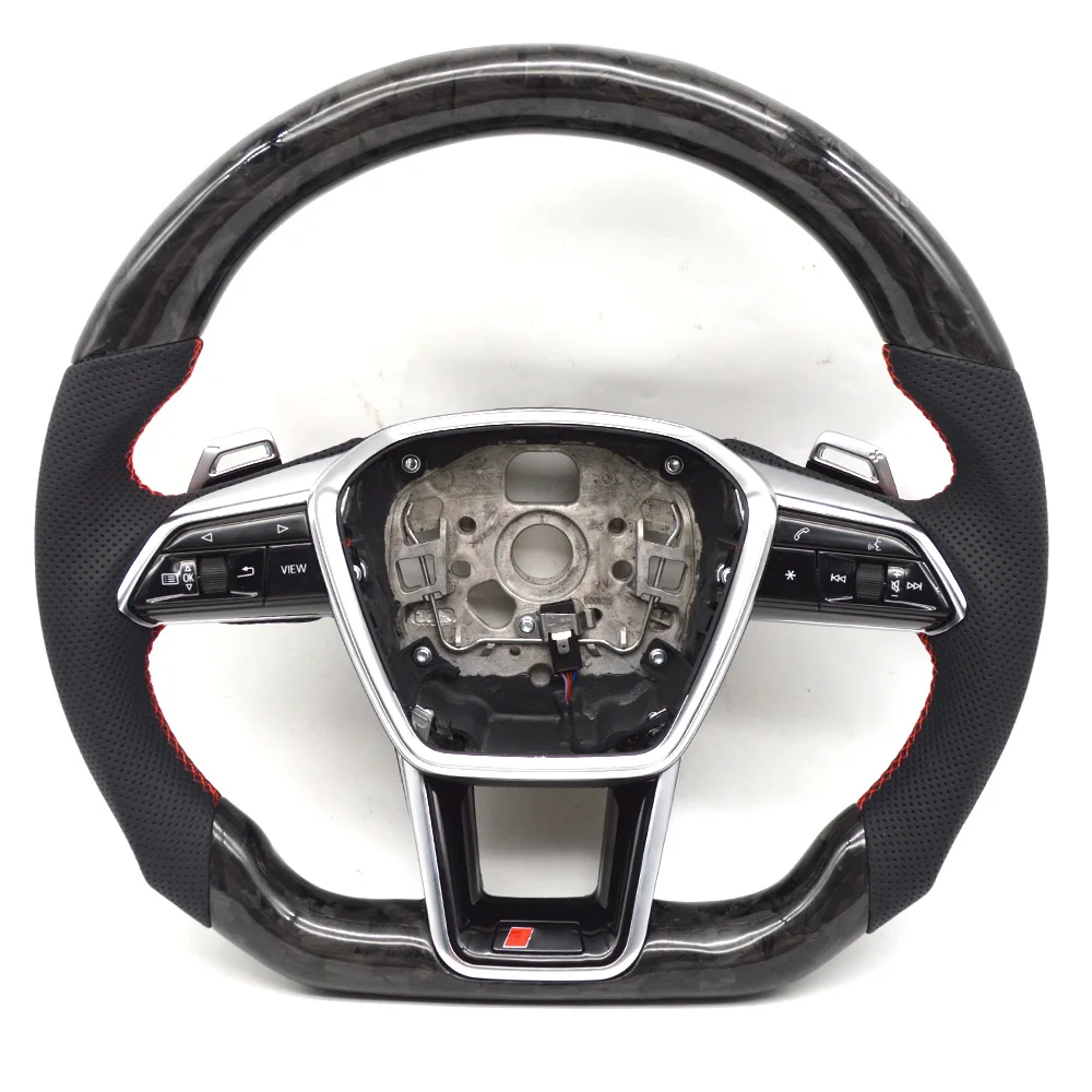 For Audi A6 C8 Fog Carbon Fiber Punched Leather Red Stitching Multifunctional Steering Wheel With Key Button Assembly