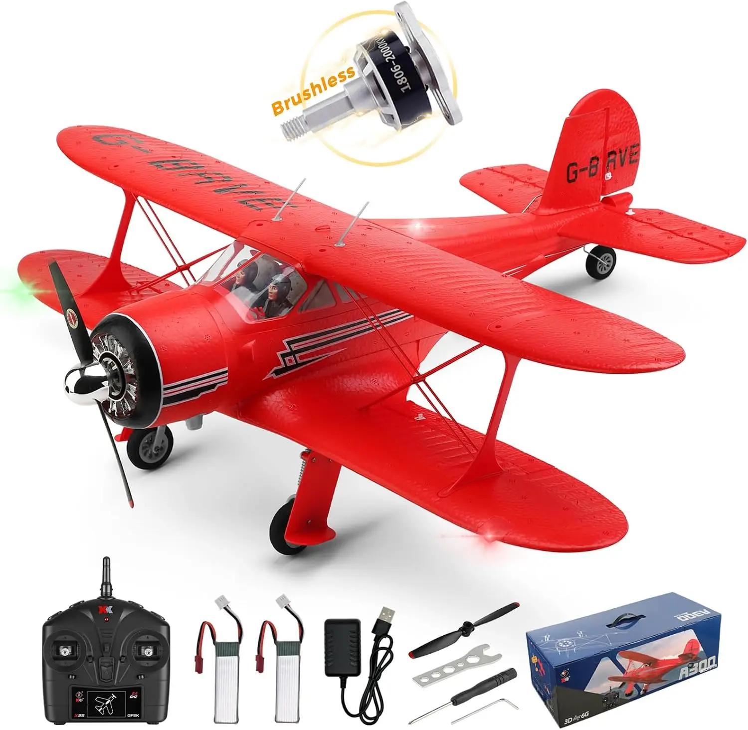 A300 4-Ch Beechcraft D17 RC Plane Brushless with Lights 6G/3D Functions 2.4G Remote Control Airplanes Set Includes 2 Batteries