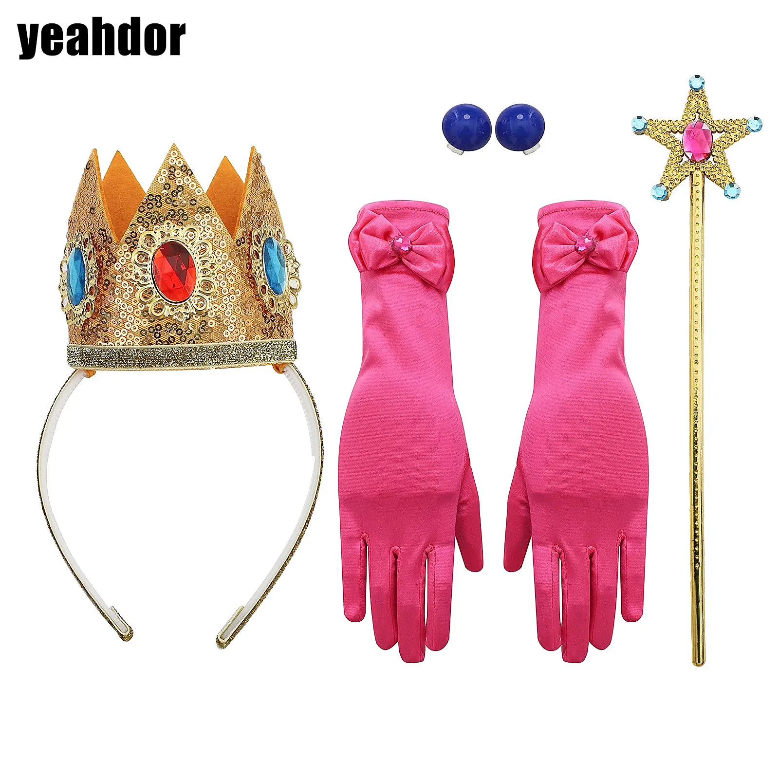 Kids Girls Lovely Accessories Set Halloween Cosplay Princess Dress Up Props Big Gems Crown Earrings Bowknot Gloves And Star Wand