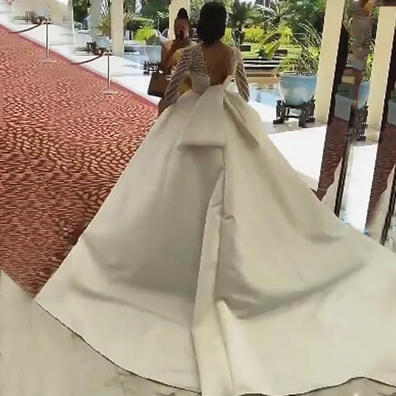 Robe de mariée africaine en Satin, avec traîne détachable, col en v, manches longues, effet d'illusion, perles, 2026