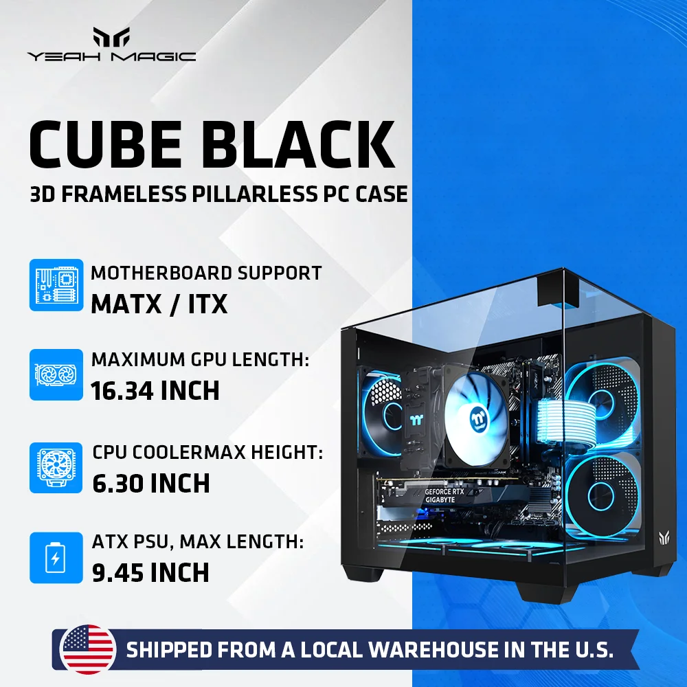 

Yeah Magic CUBE Computer Case 3-Panel Tempered Panoramic View 3 Pre-Installed Cooling Fans Supports MATX/ITX Motherboard