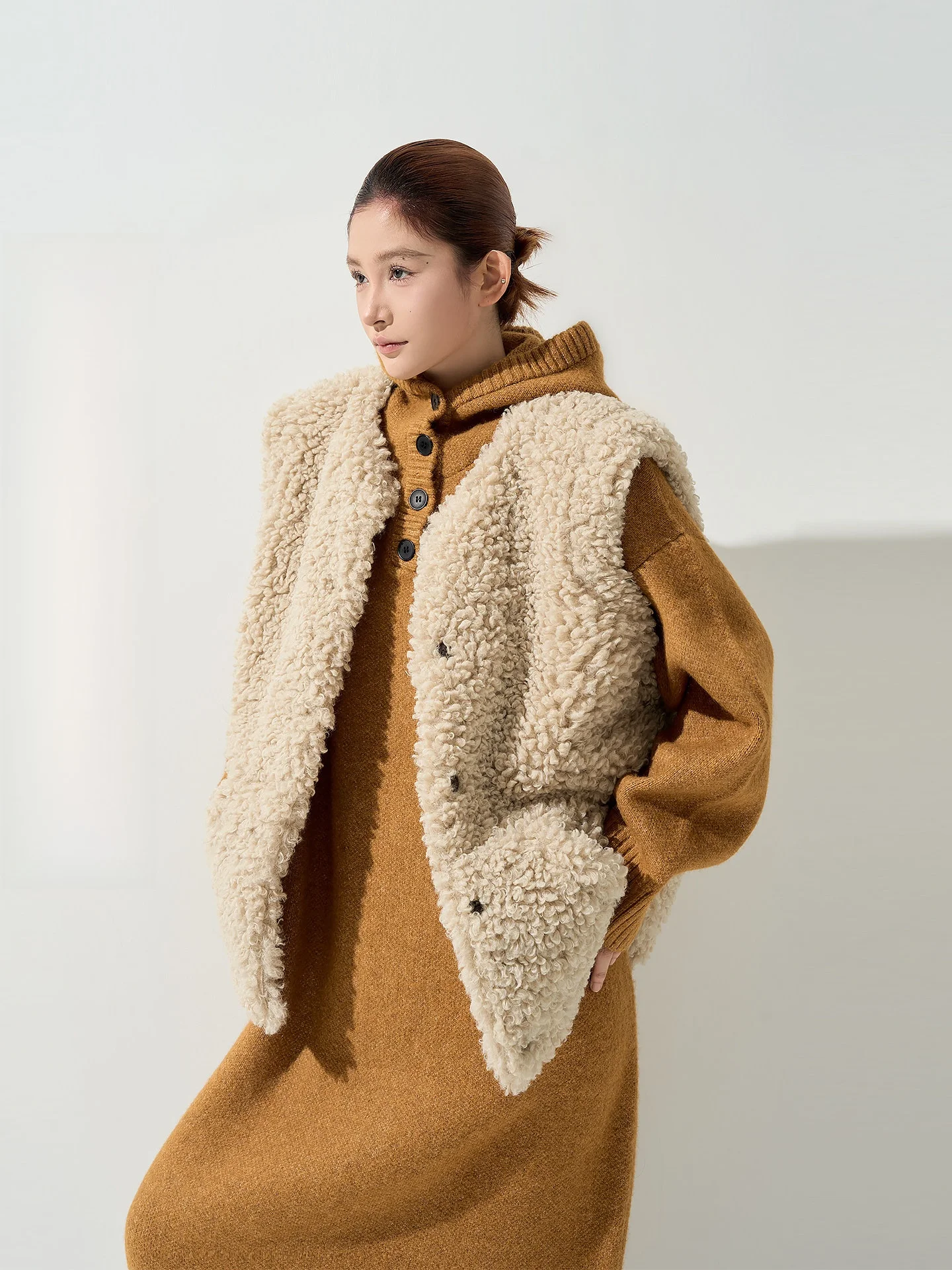 

Warm Loose Lamb Fur Vest Top Women's Korean Sle round Ne Svel Jaet Cardigan Mid-Length Commute Sle Pure Color