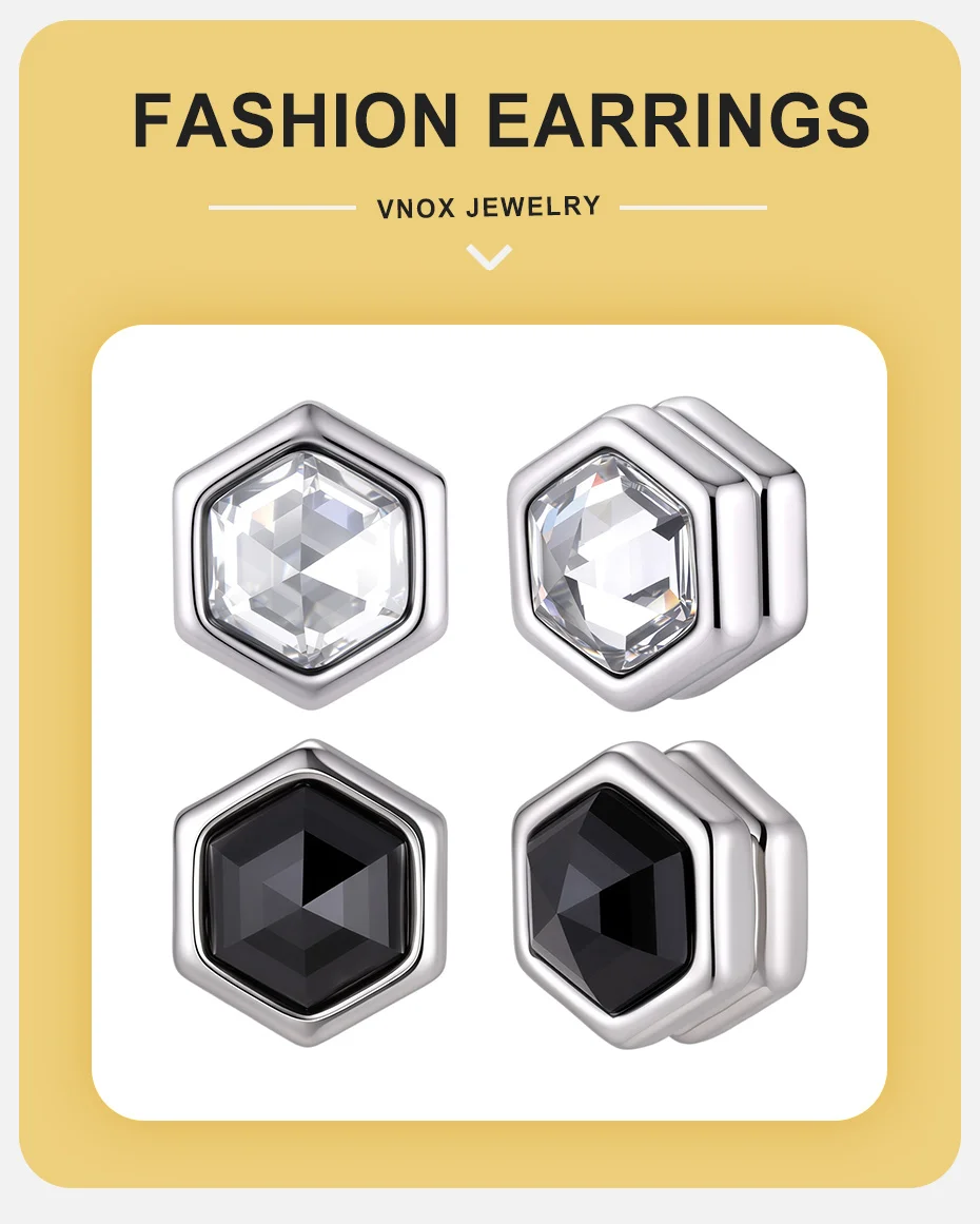 Vnox Sechseckiger Schwarz-Weißer Zirkon Magnetischer Ohrclip aus Edelstahl, Nicht-Durchstechende Ohrringe für Männer, Geometrischer Ohrschmuck ohne Loch, Geschenk – Detail 1