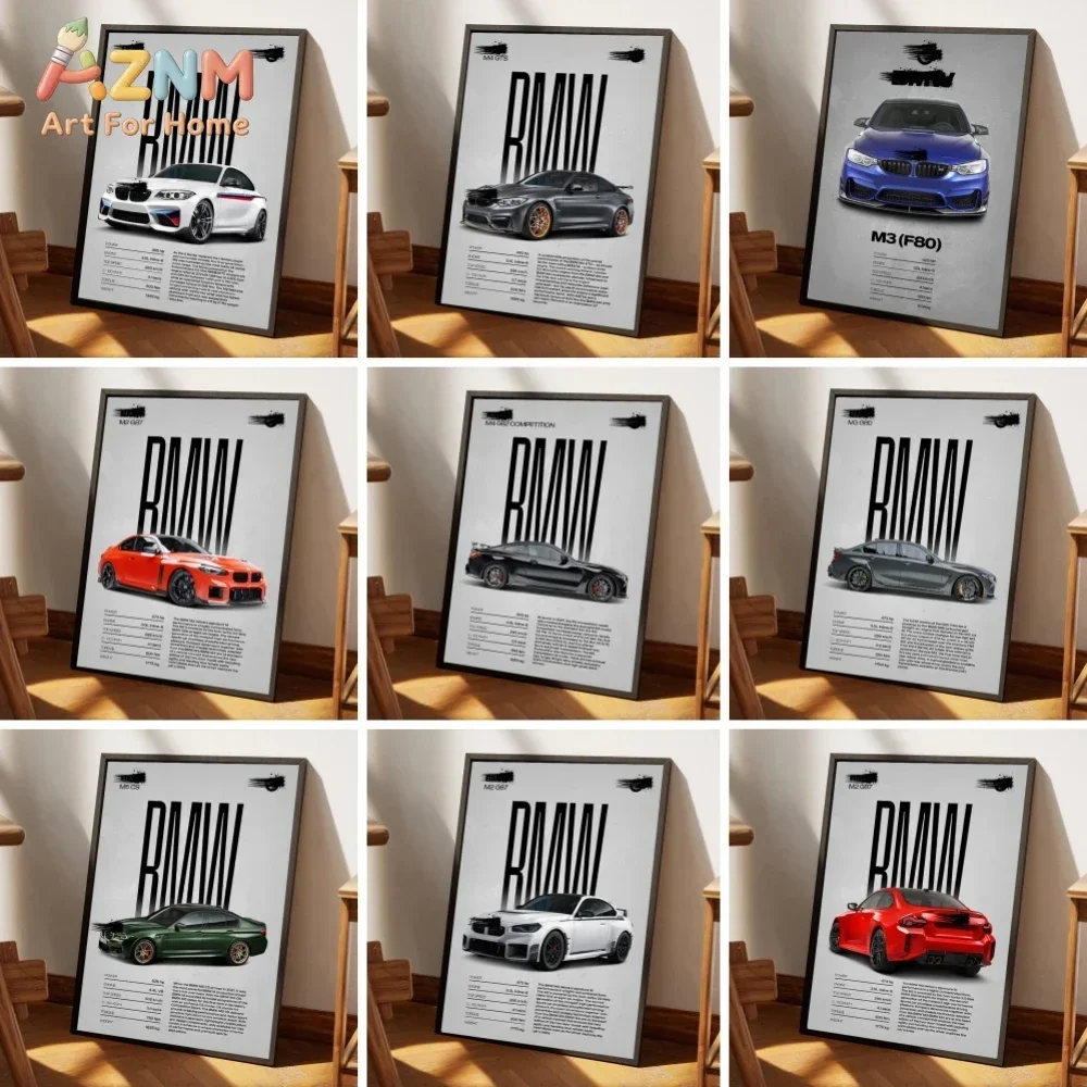 AZNM BMW M Series Sport Car Canvas Wall Art German Performance Vehicle Poster Unframed Canvas Print for Garage Man Cave Decor