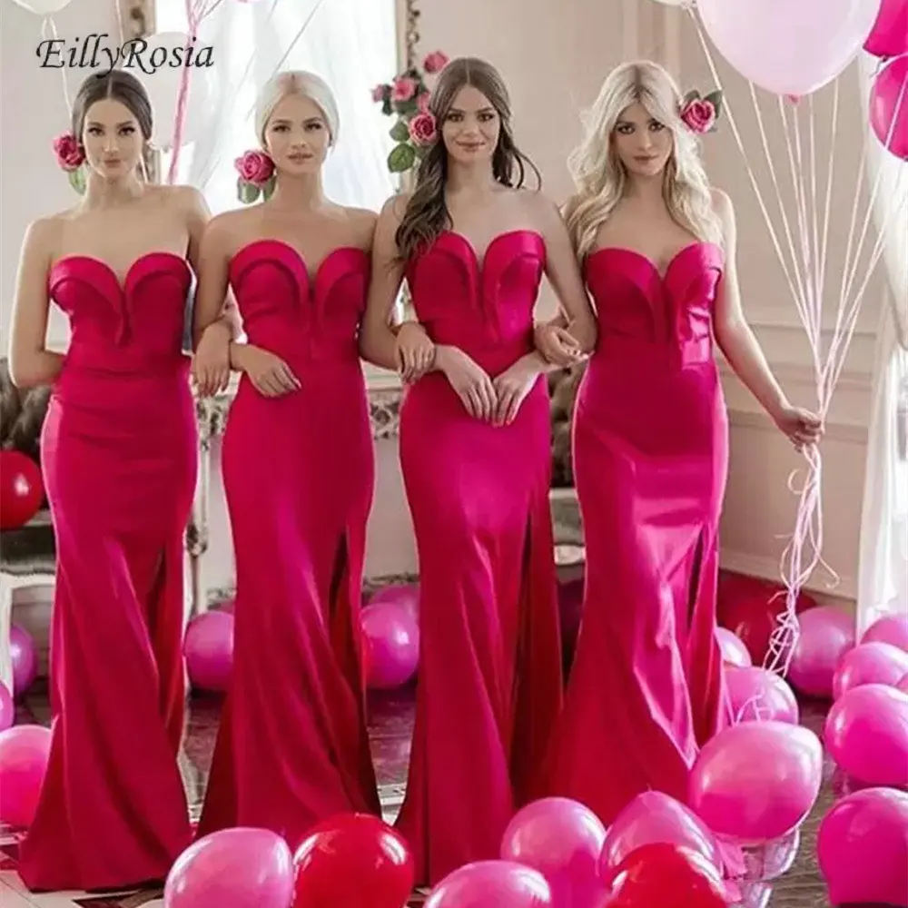 

Fuchsia Mermaid Long Bridesmaid Dresses Sweetheart Satin Side Split Floor Length Ruched Elegant Wedding Guest Dress for Party