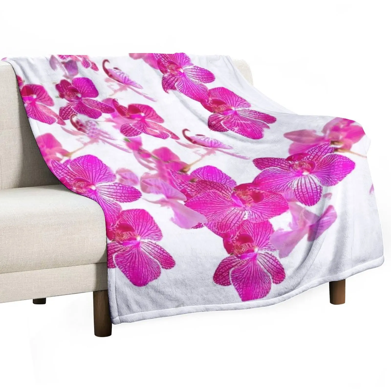 FUCHSIA PINK ORCHIDS PATTERNS WHITE ART Throw Blanket Quilt Single Nap Blankets