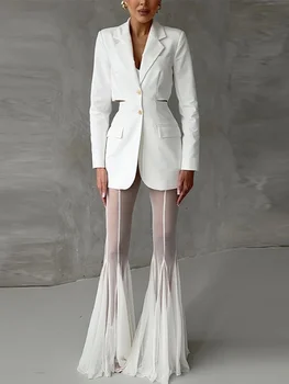 Pleated Mesh Flare Pants 5 Women Pleated Elastic High Waist Fashion Evening Party Trousers See Through Mesh Pleated Flare Pants 2025 Summer Gown Chic Pants 5