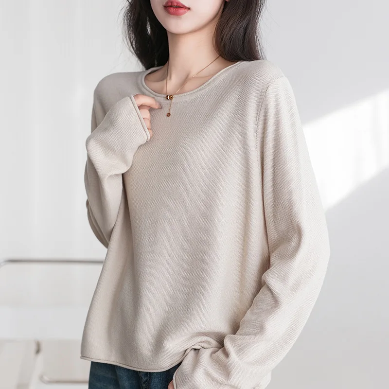 เสื้อไหมพรมแขนยาวคอกลมผ้าฝ้ายสำหรับผู้หญิง แบรนด์ FRYAY LAB สไตล์ลำลอง อุ่นสบาย เหมาะสำหรับใส่เป็นเสื้อนอกในฤดูใบไม้ร่วงและฤดูหนาว