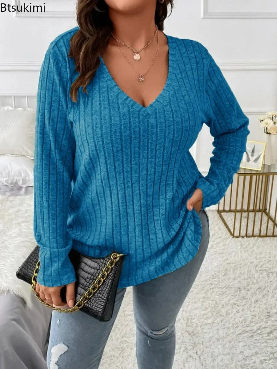 2024 Women\'s Casual Knitted Pullover Tees Plus Size Sexy V-Neck Long Sleeve Girls Solid Color T-Shirt Autumn Winter Sweater Tops