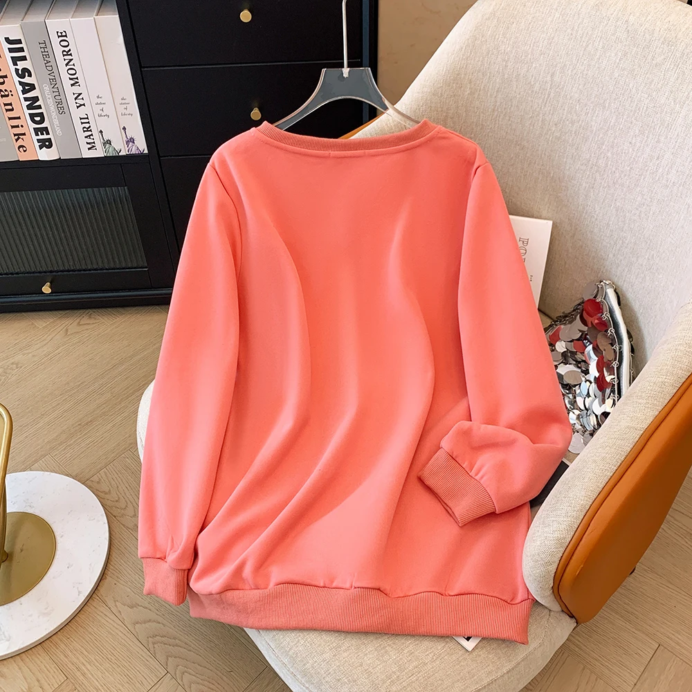 Plus-size Women's Fall Casual Commute Loose and comfortable hoodie No hat Pink star print sequin V-neck long sleeve top large